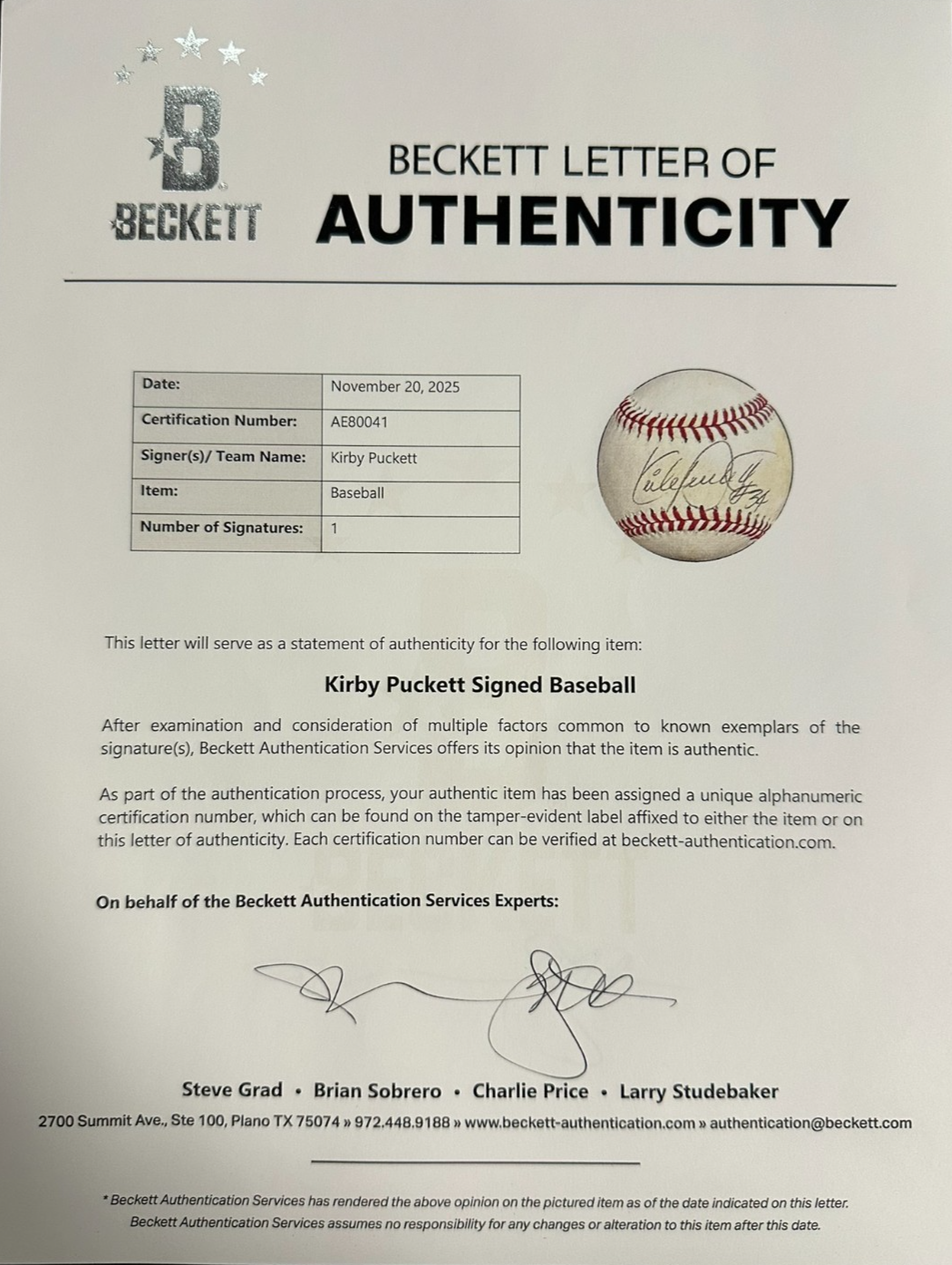 Kirby Puckett Autographed Official American League Baseball BAS Twins HOF