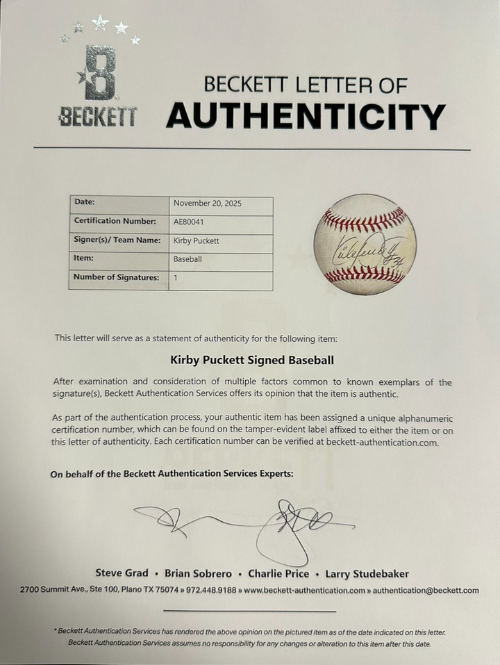 Kirby Puckett Autographed Official American League Baseball BAS Twins HOF