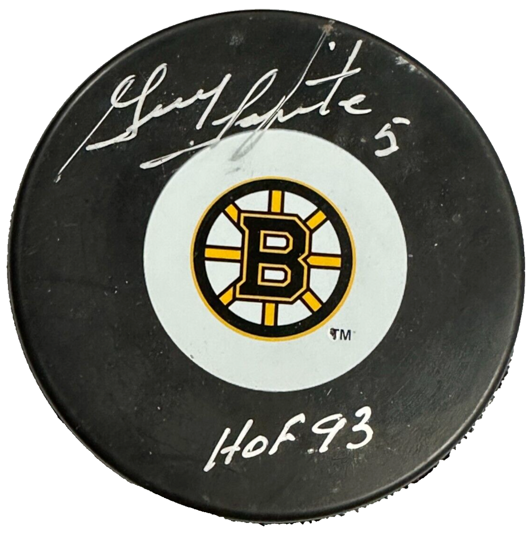 Guy Lapointe Autographed Boston Bruins Hockey Puck W/ HOF 93 Insc