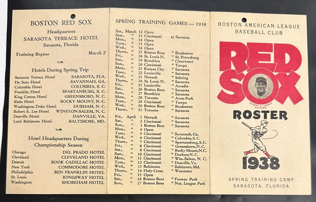 Vintage 1938 Boston Red Sox Spring Training Roster & Schedule Ted Williams