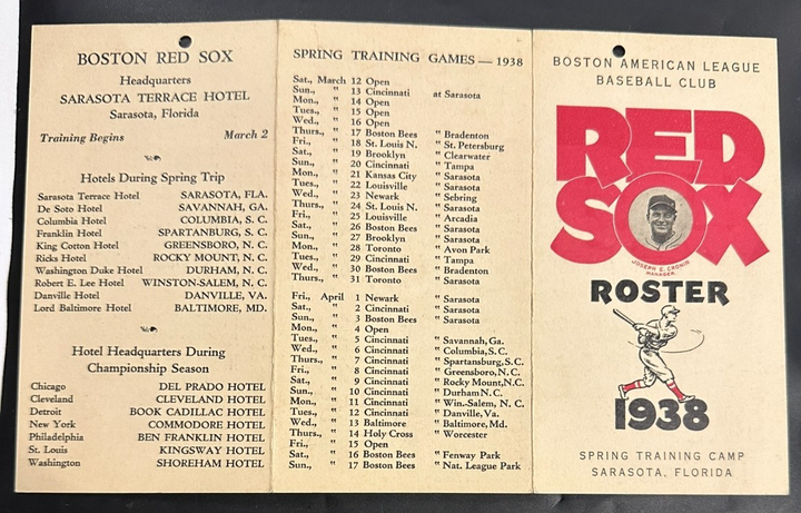 Vintage 1938 Boston Red Sox Spring Training Roster & Schedule Ted Williams
