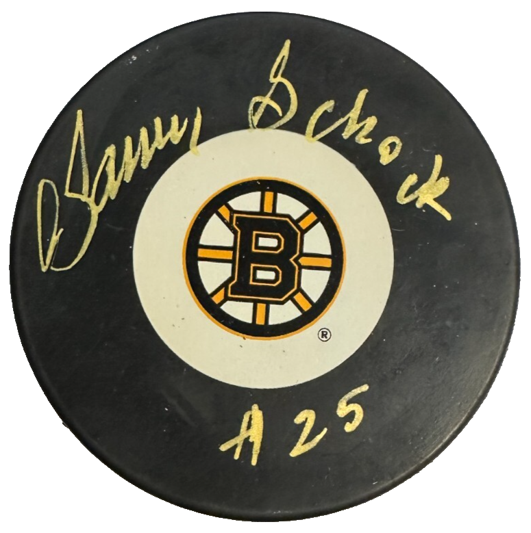 Danny Schock Autographed Boston Bruins Hockey Puck NHL