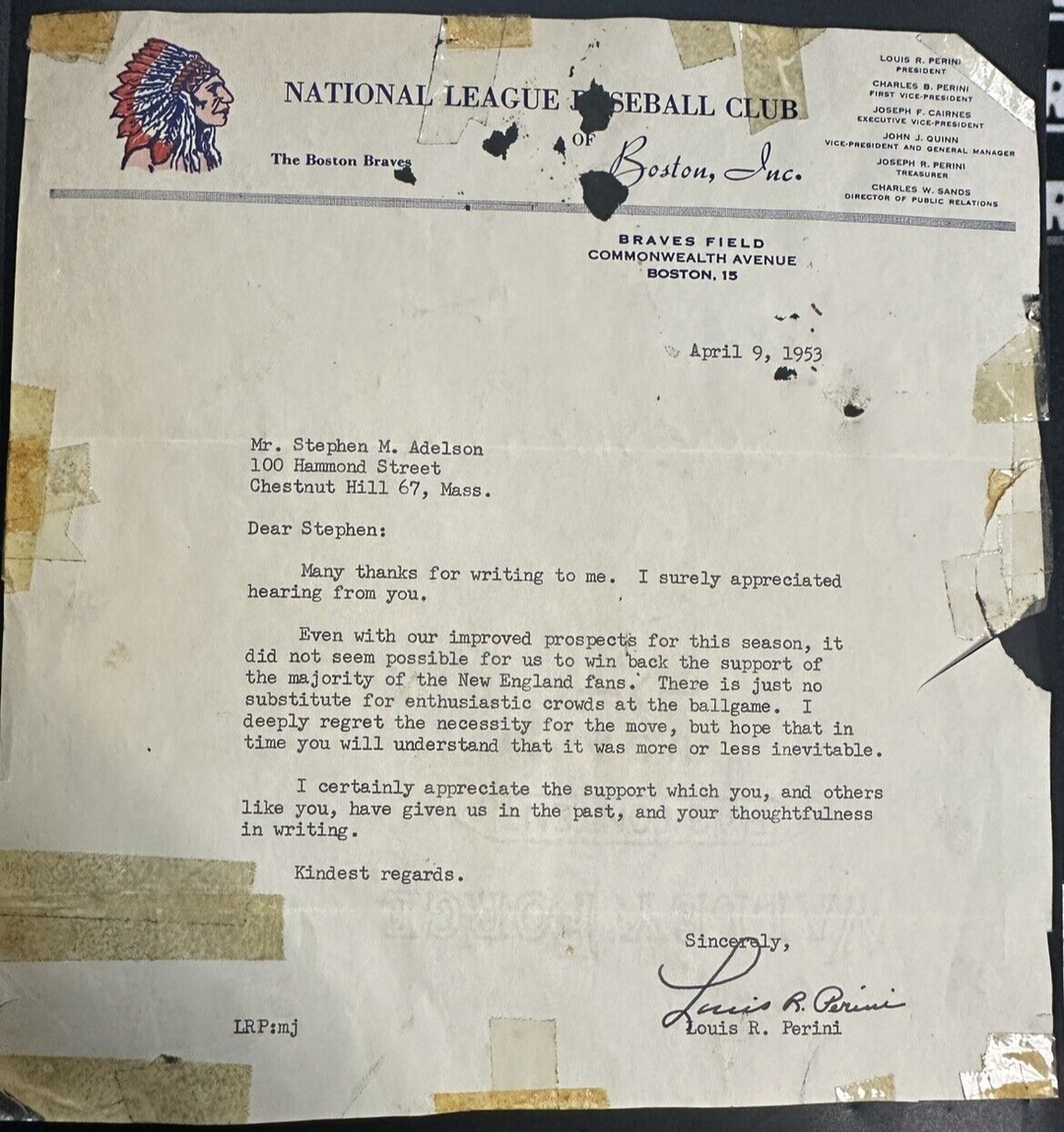 1953 Boston Braves Letter to a Fan Explaining Move to Milwaukee Perini Signed