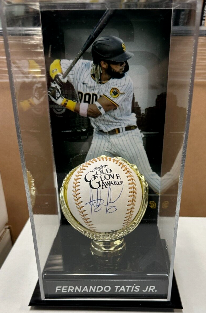 Fernando Tatis Jr. Autographed Rawlings Gold Glove Baseball & Display Stand JSA