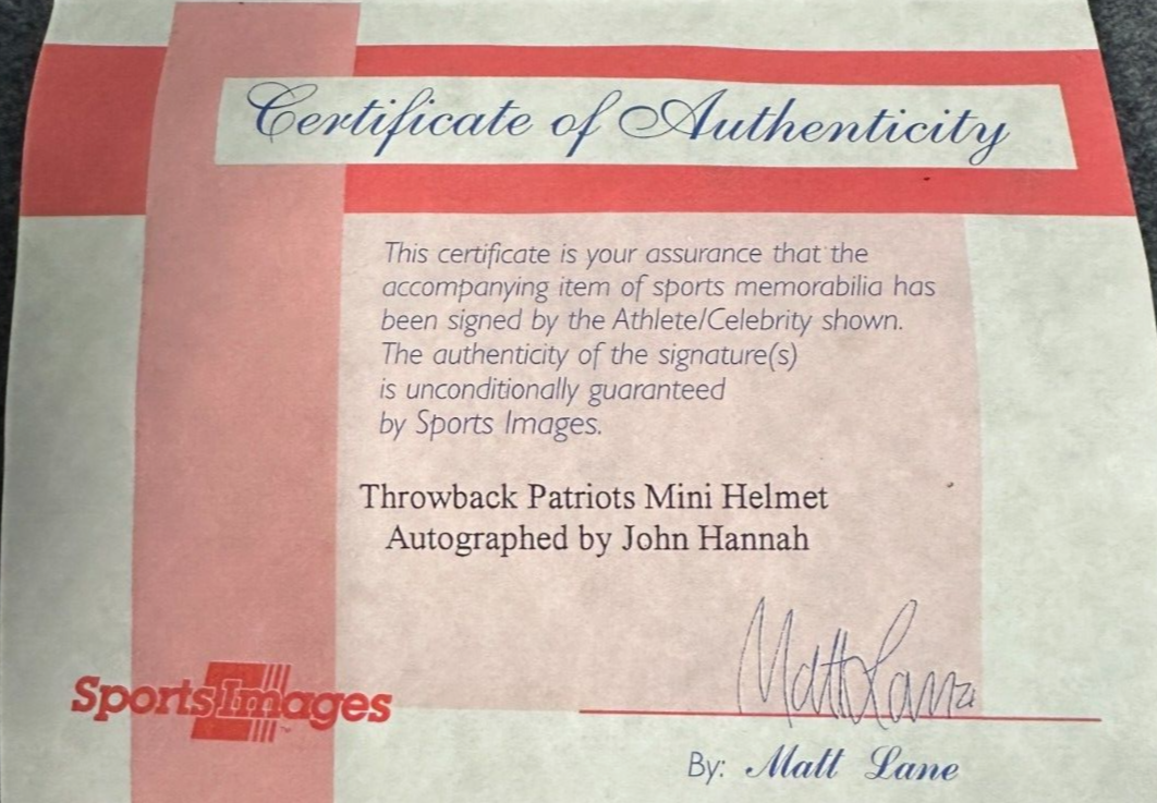 John Hannah Autographed New England Patriots Mini Helmet W/ HOF 91