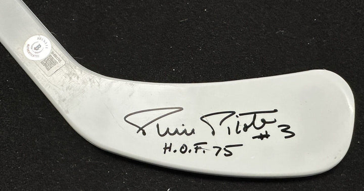 Pierre Pilote Autographed Mini Hockey Stick W/ HOF 75 Insc Black Hawks