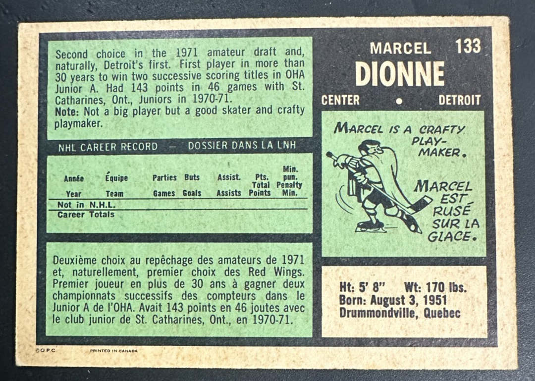 1971-72 O-Pee-Chee Marcel Dionne Autographed Rookie Card #133 Red Wings HOF