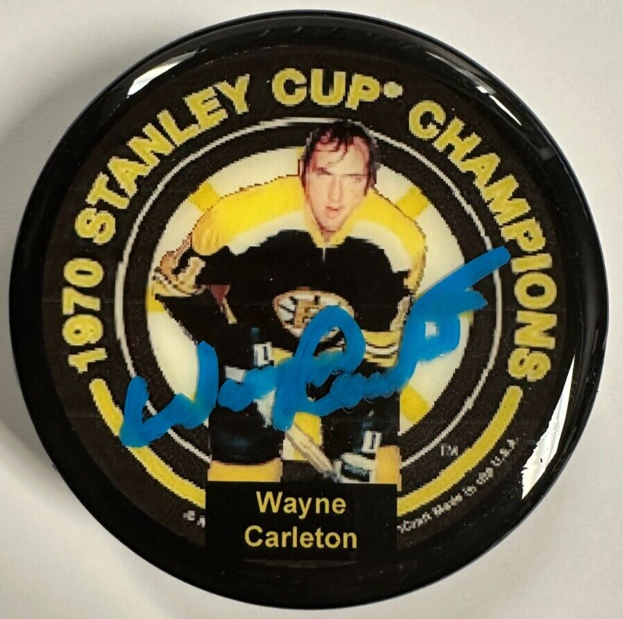 Wayne Carleton Autographed Boston Bruins 1970 Stanley Cup Champion Photo Puck