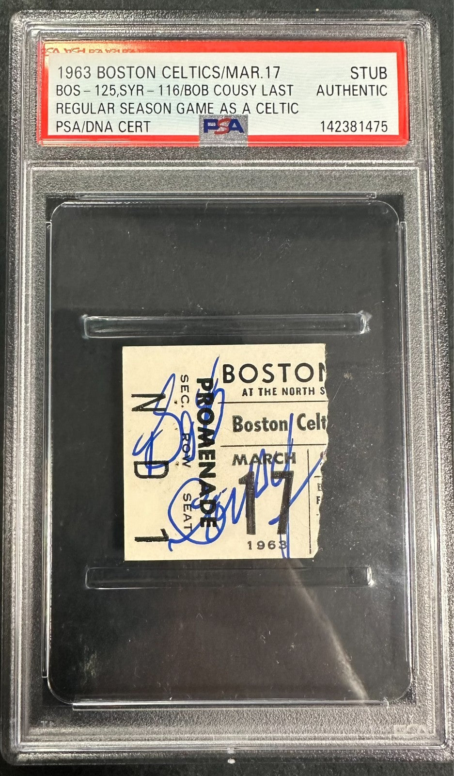 Mar 17, 1963 Bob Cousy Day Signed Celtics Last Regular Season Game Ticket PSA