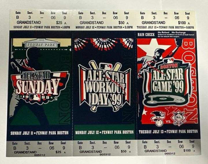 Original 1999 MLB All-Star Game Full Ticket Uncut Strip Rare Fenway Park