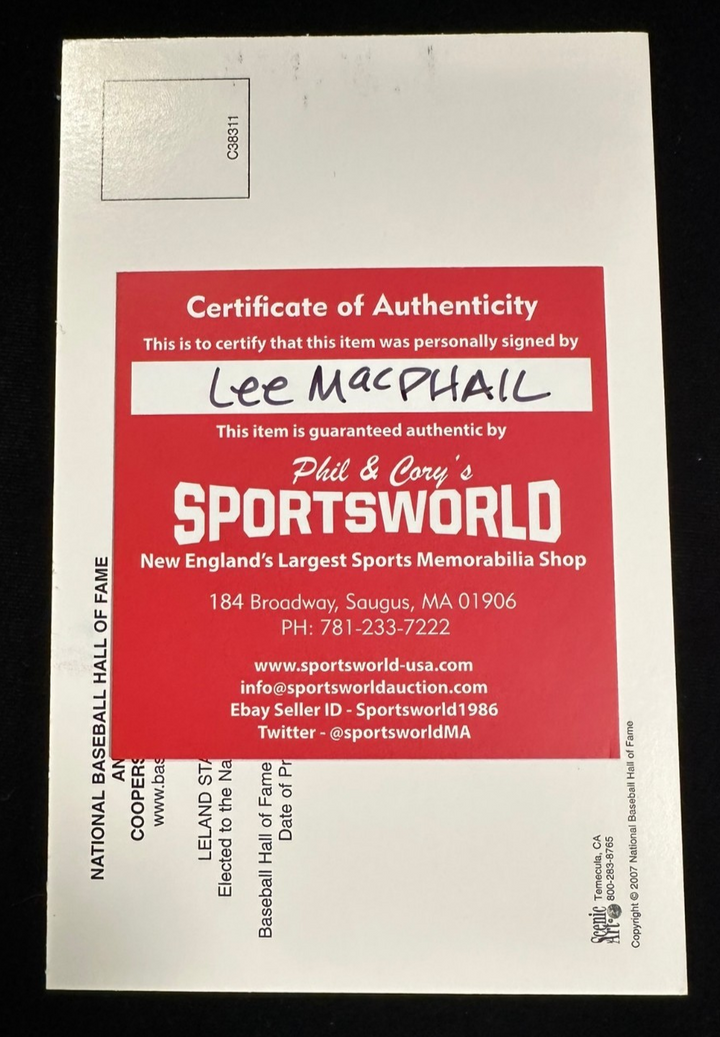Lee MacPhail Autographed MLB Hall Of Fame Postcard Orioles Yankees