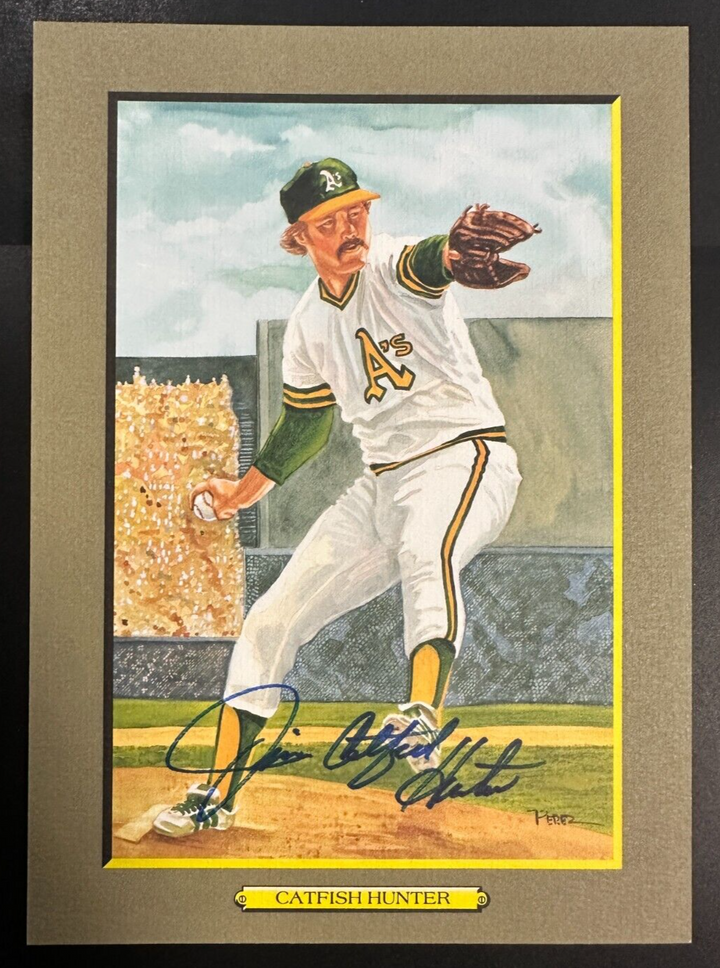 Jim Catfish Hunter Autographed Perez Steele Great Moments Postcard HOF A's BAS