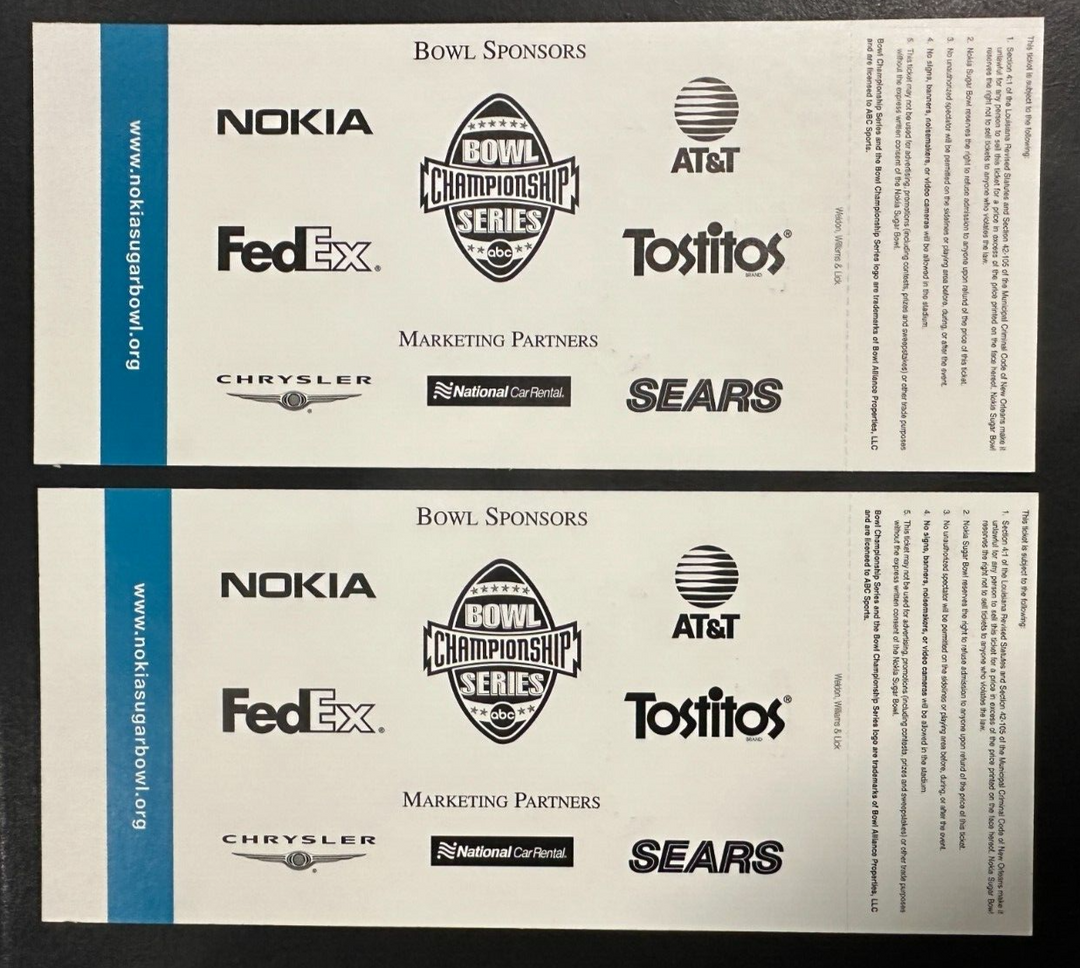2 2001 Nokia Sugar Bowl Full Tickets Miami vs Florida 37-20 Hurricanes