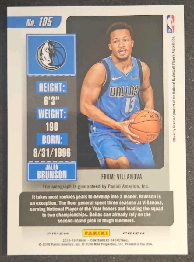 2018-19 Contenders Jalen Brunson Premium Rookie Auto Holo Silver