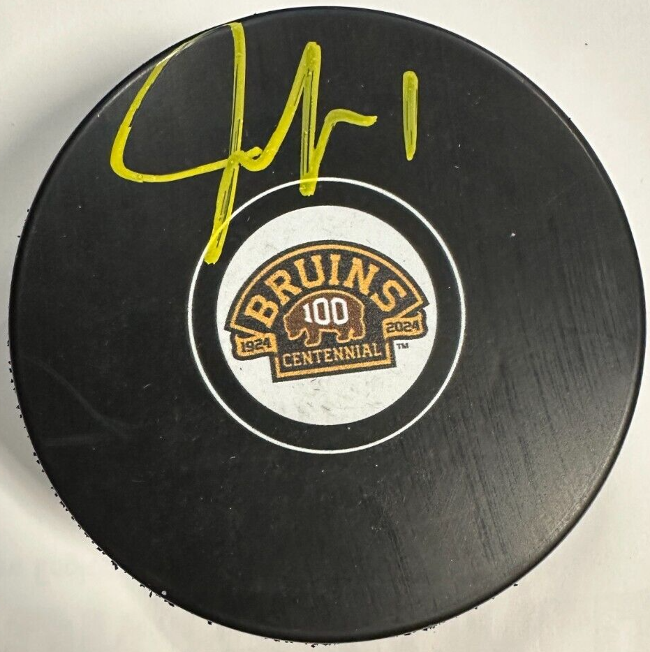 Jeremy Swayman Autographed Boston Bruins 100th Anniversary Hockey Puck NHL