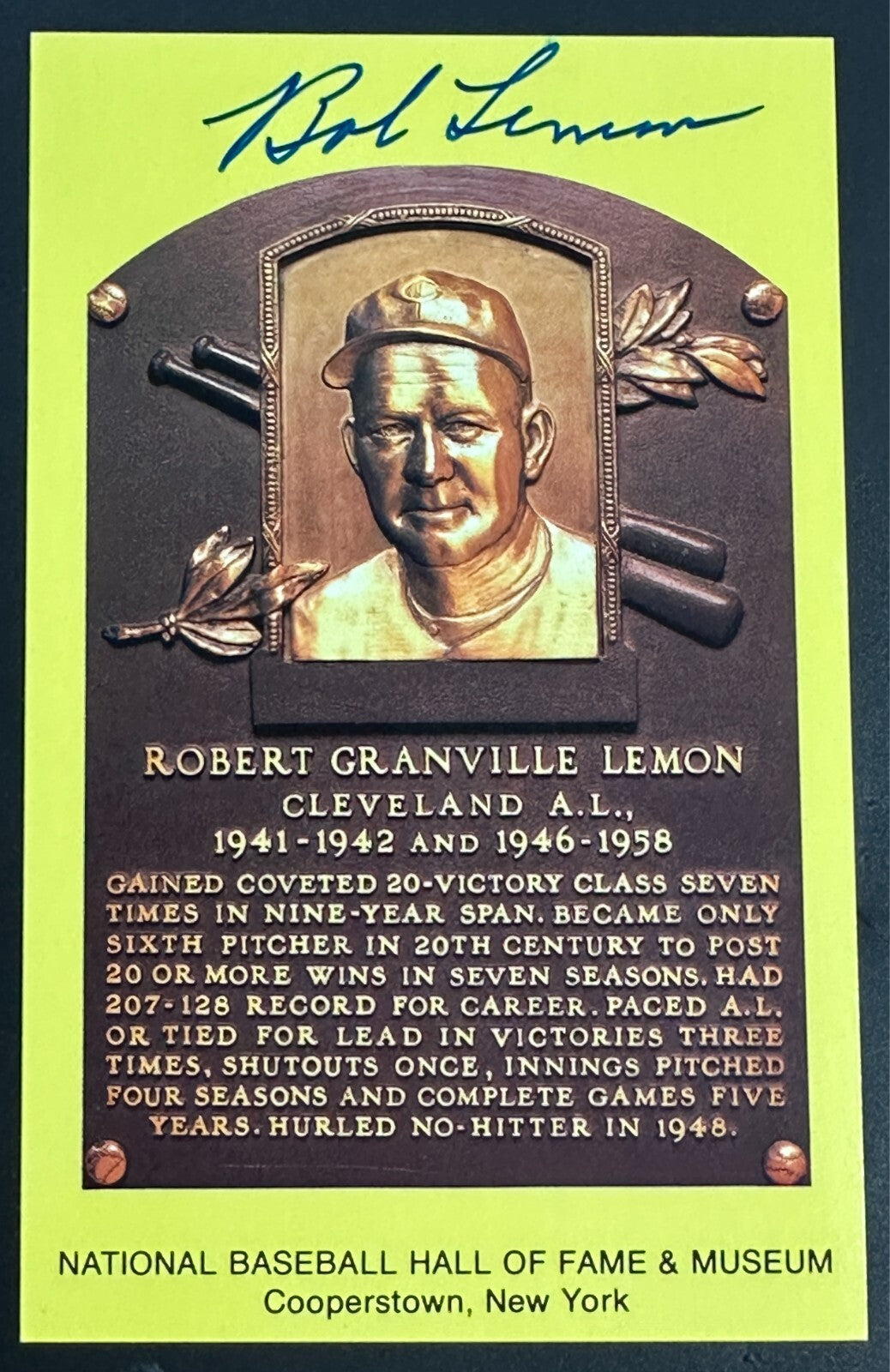 Bob Lemon Autographed MLB Hall Of Fame Postcard Indians