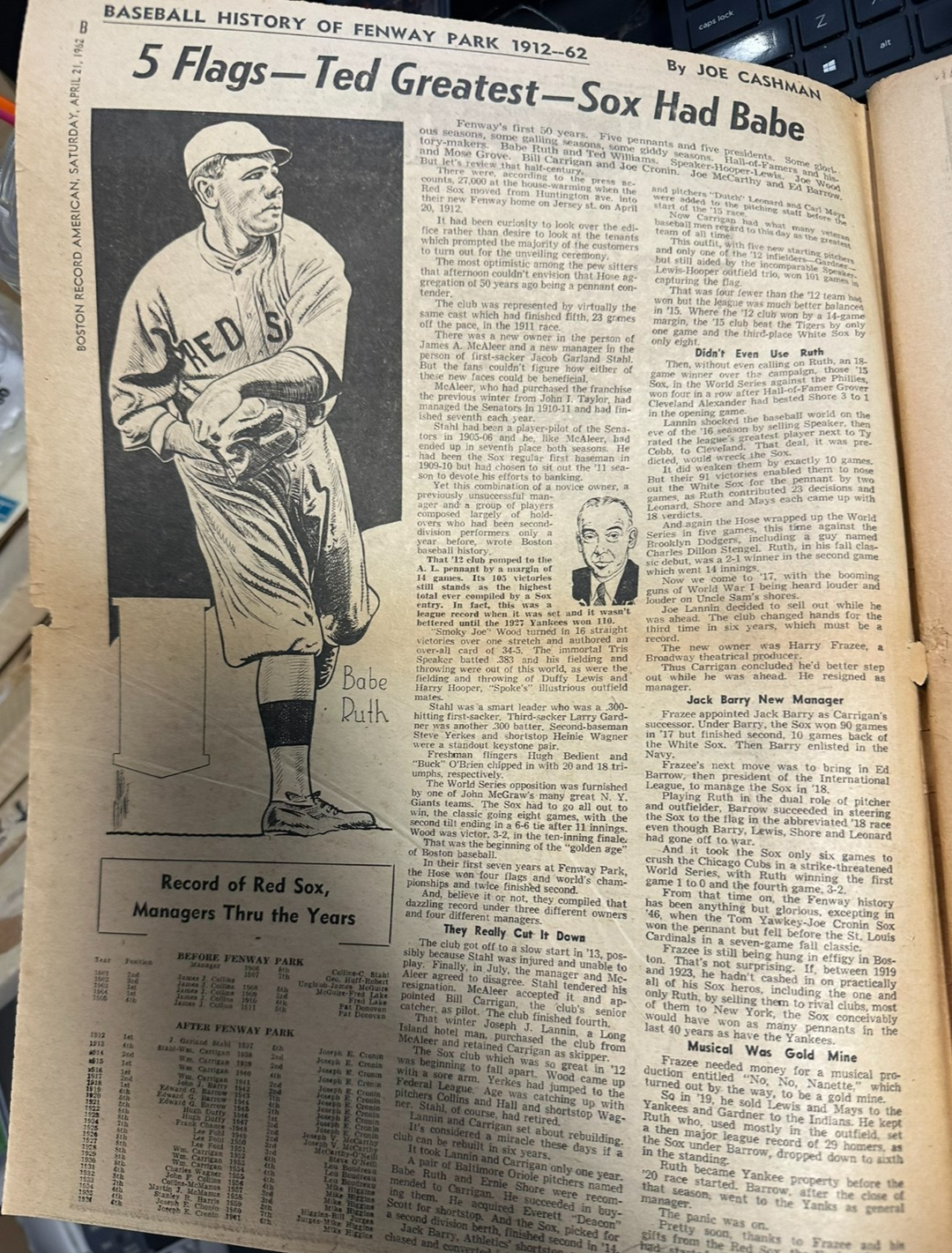 April 21, 1962 Boston Record American Newspaper Fenway Park 50th Anniversary