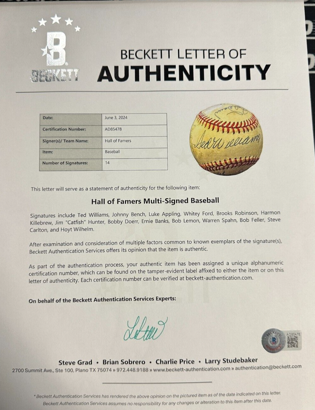 Baseball Hall of Famers Autographed Baseball Williams Bench Spahn Carlton BAS