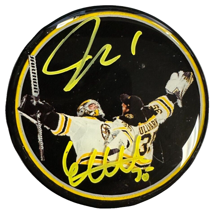 Jeremy Swayman & Linus Ullmark Autographed Boston Bruins Hockey Puck NHL