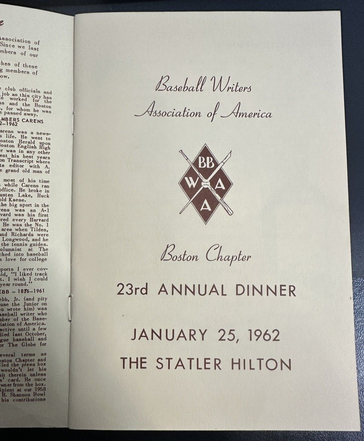 Jan 25, 1962 23rd Annual Baseball Writers Association America Dinner Program