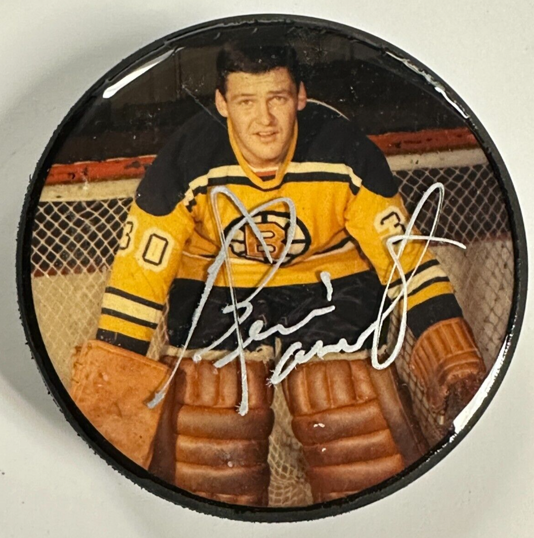 Bernie Parent Autographed Boston Bruins Photo Puck HOF BAS