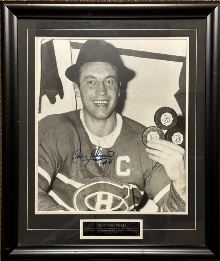 Jean Beliveau Autographed 16x20 3 Goals in 44 Seconds Photo Framed Canadiens HOF
