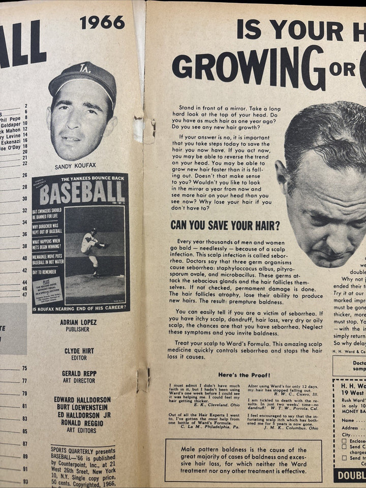 1966 Sports Quarterly Baseball Magazine Sandy Koufax Los Angeles Dodgers