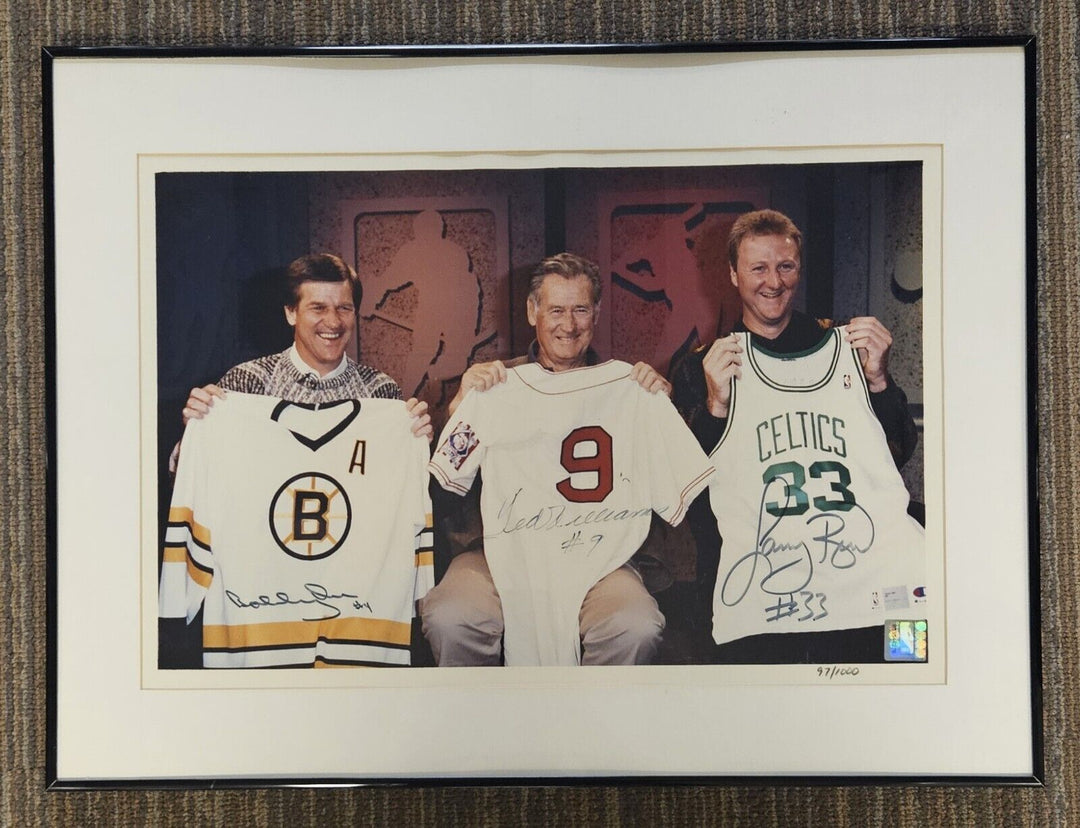 Bobby Orr Ted Williams & Larry Bird The Boys Of Boston Framed Signed 16x20 Photo