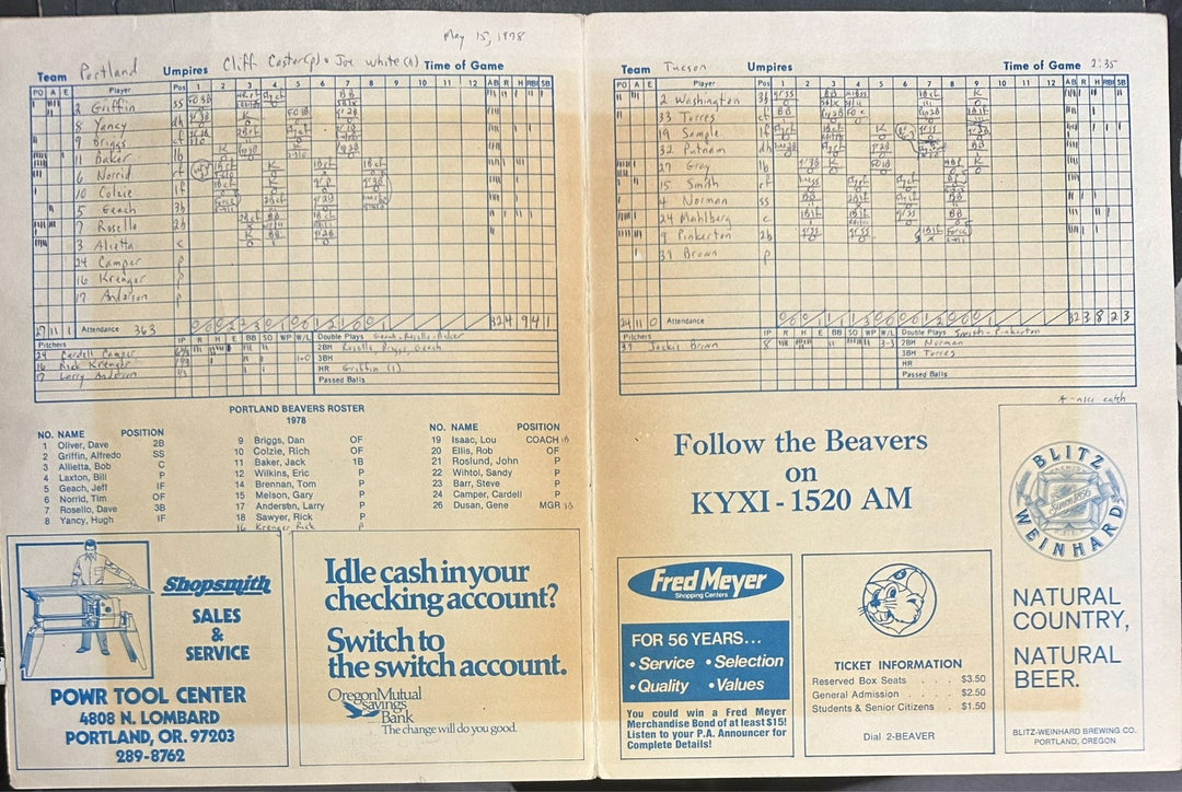 May 15, 1978 Portland Beavers & Tucson Toros Program, Ticket Stub & Clipping