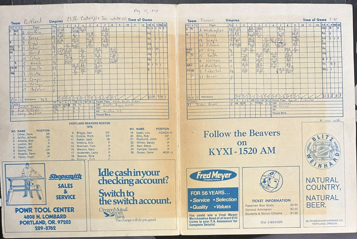 May 15, 1978 Portland Beavers & Tucson Toros Program, Ticket Stub & Clipping