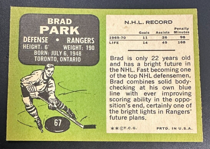 Brad Park Autographed 1970-71 Topps Rookie Card #67 W/ HOF 88 Rangers Bruins