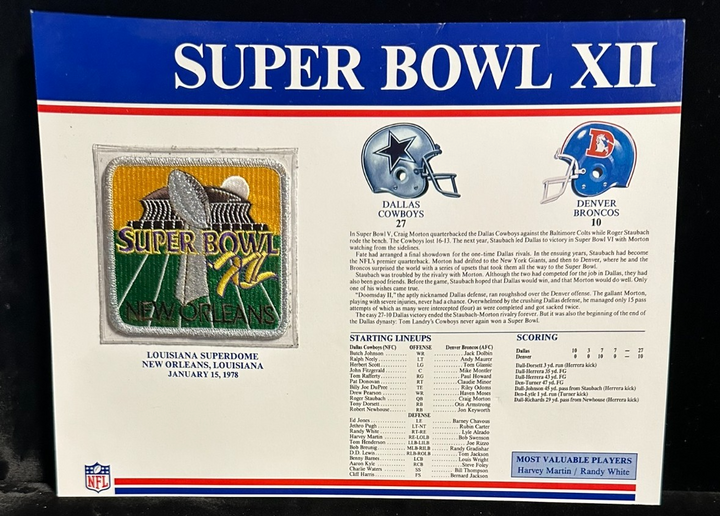NFL Super Bowl Patch Willabee & Ward Collection SB XII Cowboys Vs Broncos