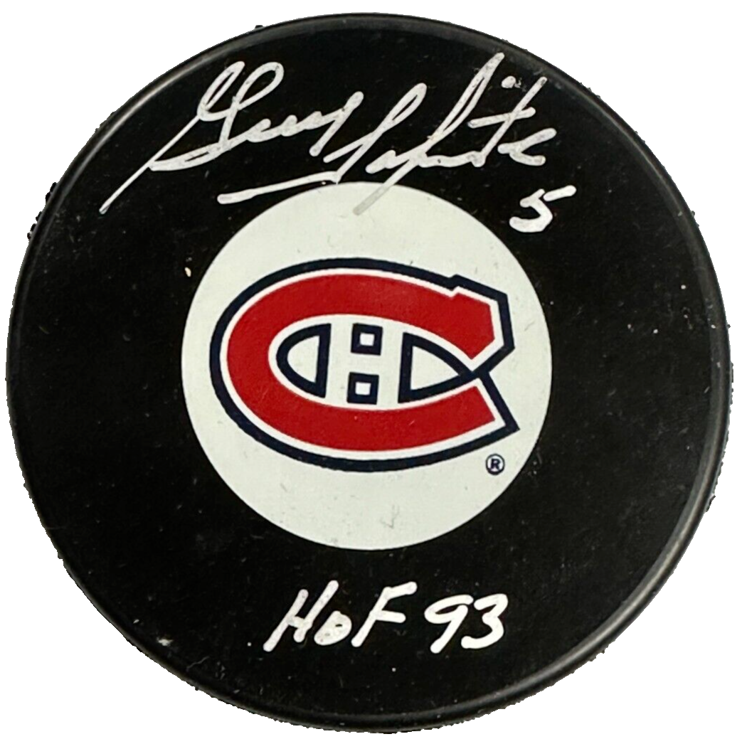 Guy Lapointe Autographed Montreal Canadiens Puck BAS W/ HOF 93 Insc