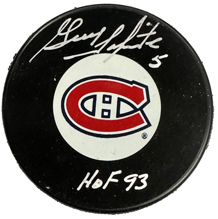 Guy Lapointe Autographed Montreal Canadiens Puck BAS W/ HOF 93 Insc
