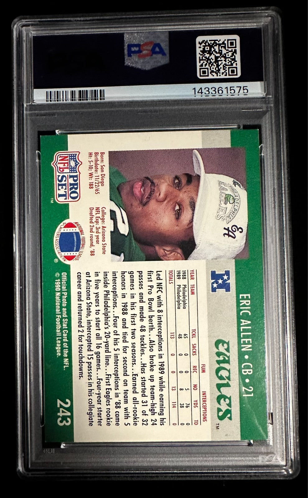 1990 Pro Set Card Eric Allen Autographed Card #243 PSA 5 w/ 10 Auto