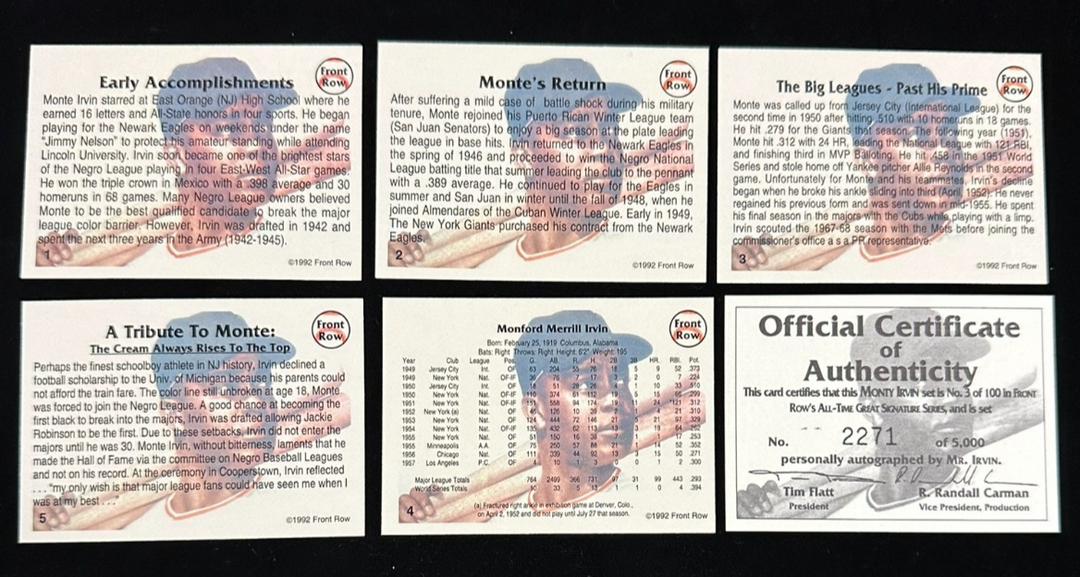 1992 Front Row All Time Great Series Monte Irvin Autographed 5 Card Set /5000