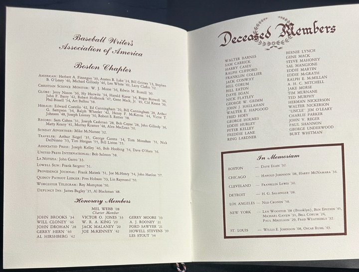 Jan 29, 1959 20th Annual Baseball Writers Association America Dinner Program