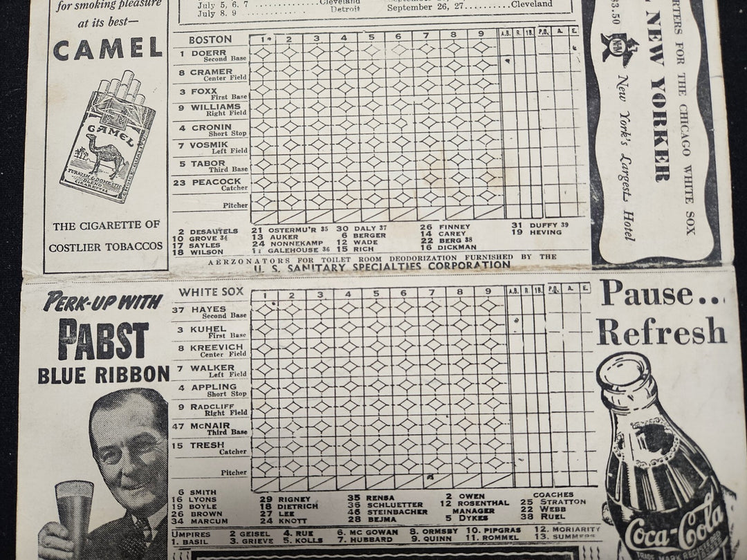1939 Chicago White Sox Vs. Boston Red Sox Program Ted Williams Rookie Season