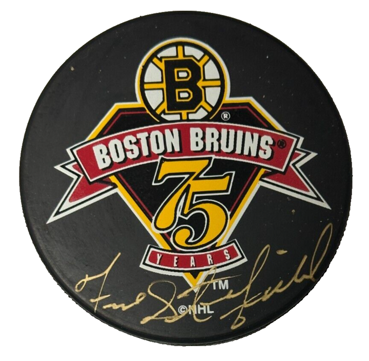 Fred Stanfield Autographed Boston Bruins 75th Anniversary Hockey Puck BAS