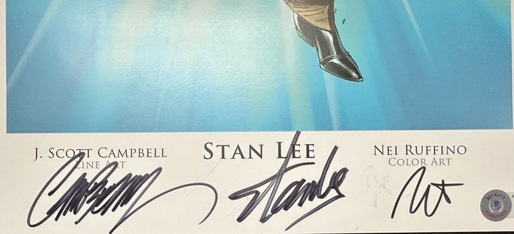 Stan Lee, J. Scott Campbell & Nei Ruffino Autographed 11x17 Print BAS