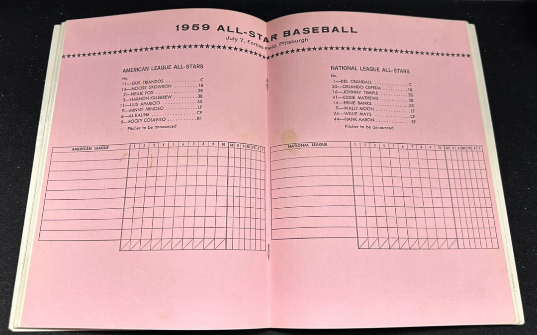 1959 MLB Baseball All-Star Game Program Forbes Field 5-4 NL Mathews & Kaline HR