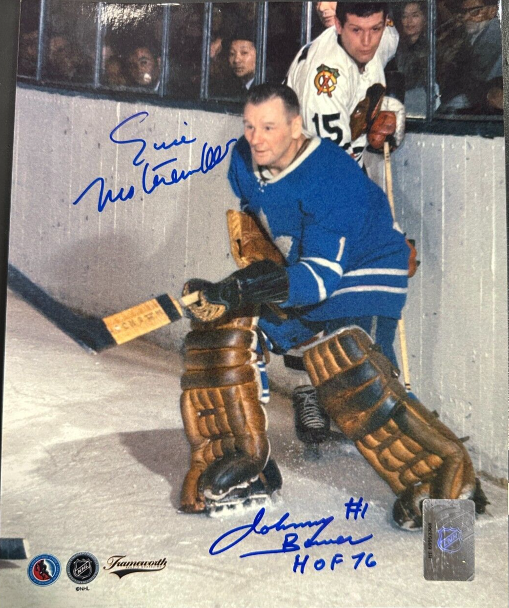 Johnny Bower & Eric Nesterenko Autographed 8x10 Photo Leafs Vs Hawks