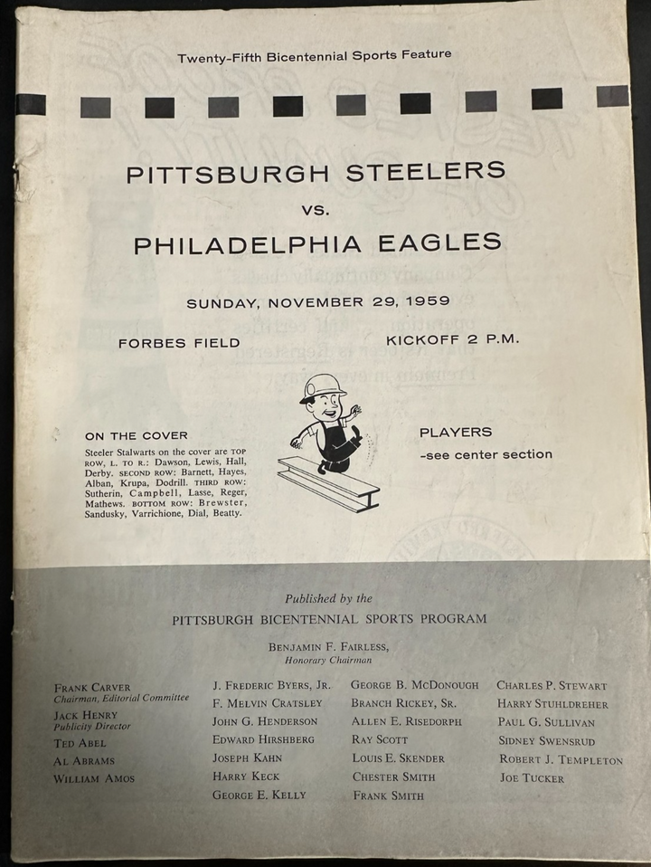 November 29, 1959 Pittsburgh Steelers Vs Philadelphia Eagles Program NFL