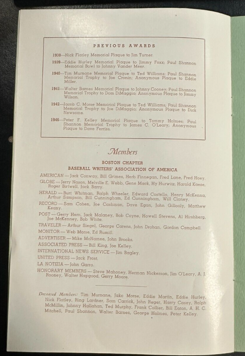 Feb 4, 1947 Eighth Annual Baseball Writers Association America Dinner Program