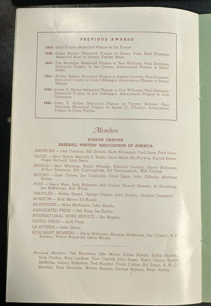 Feb 4, 1947 Eighth Annual Baseball Writers Association America Dinner Program