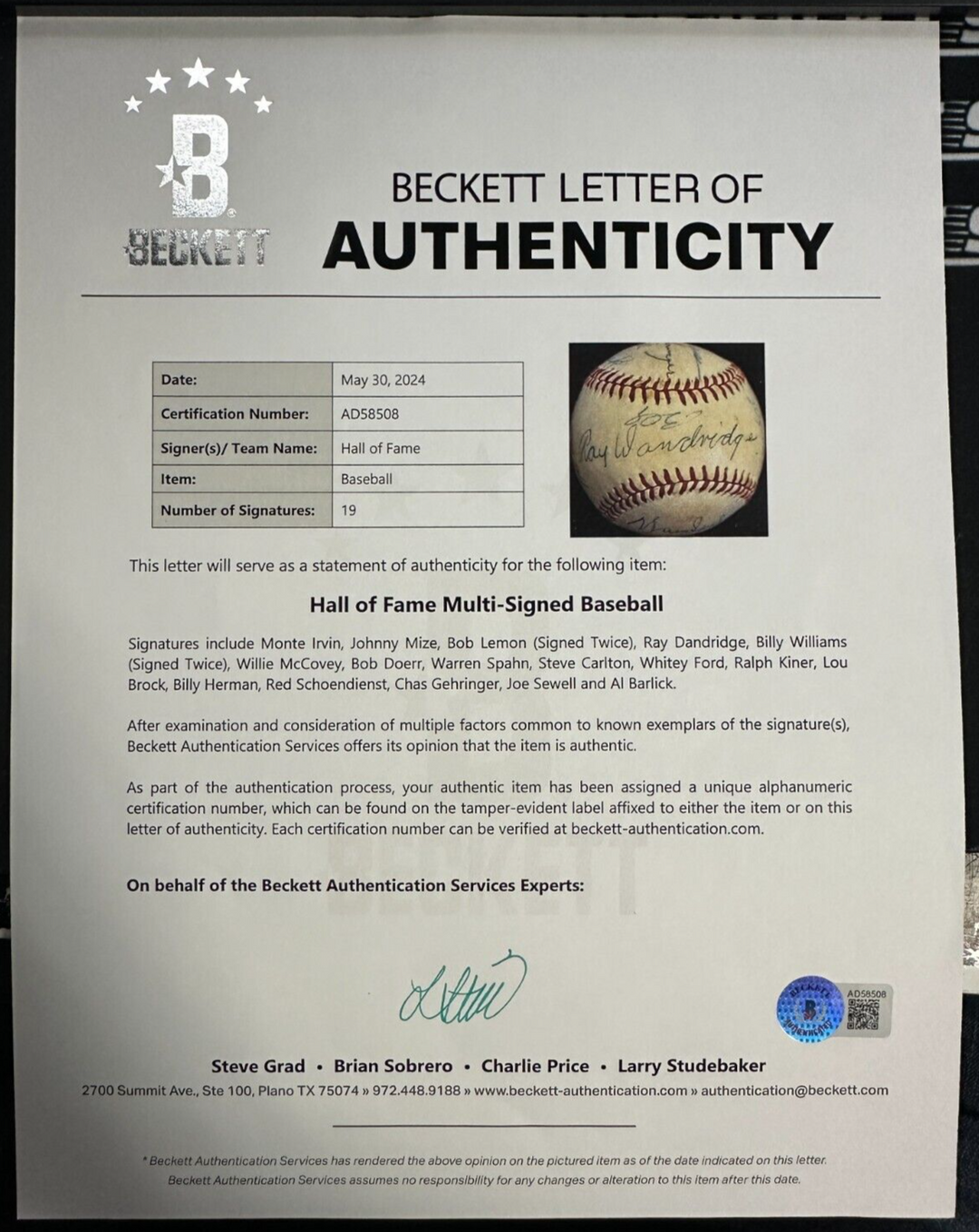 Baseball Hall of Famers Autographed Baseball Mize Ford Gehringer Sewell BAS