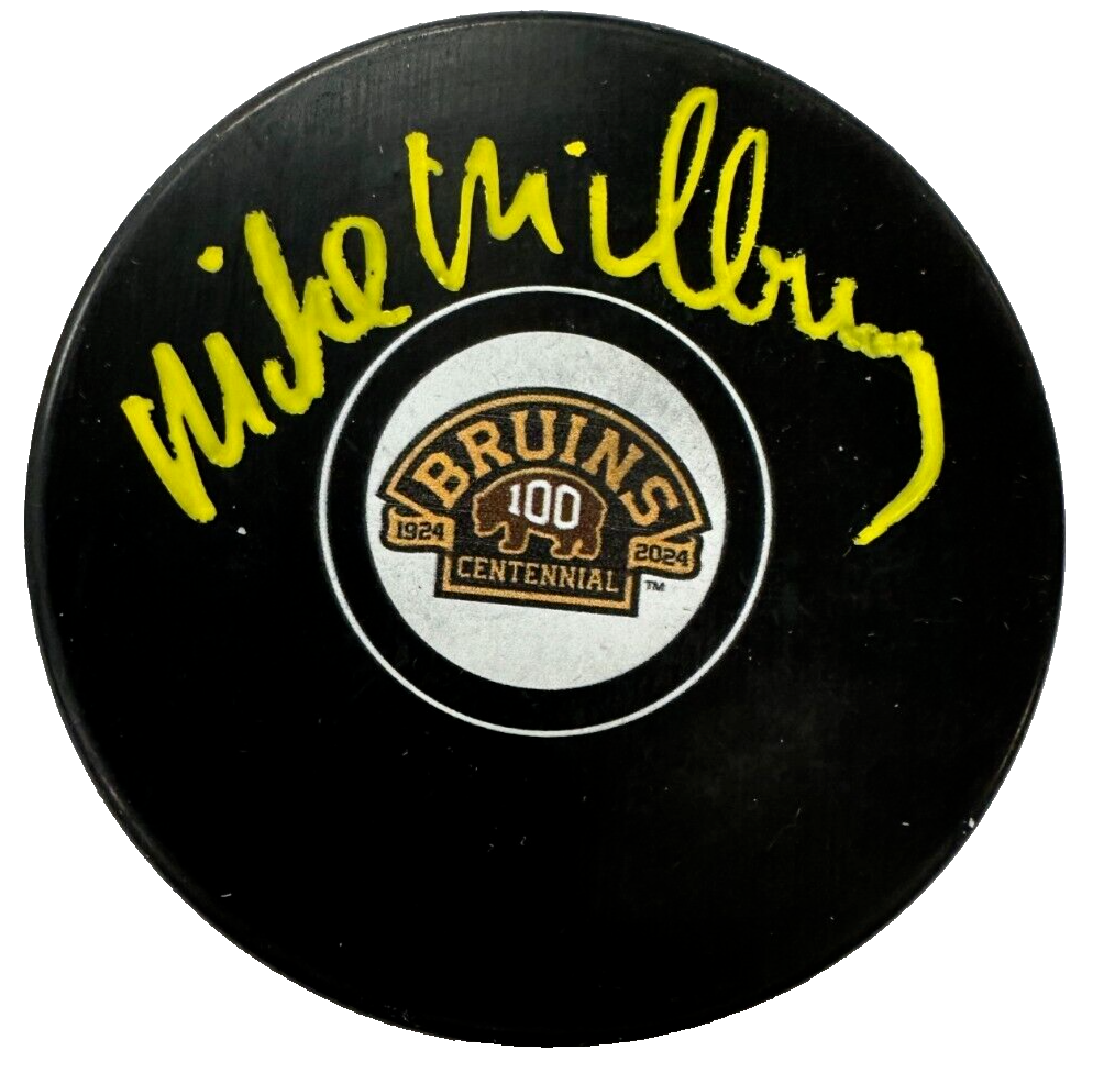 Mike Milbury Autographed Boston Bruins 100th Anniversary Puck NHL