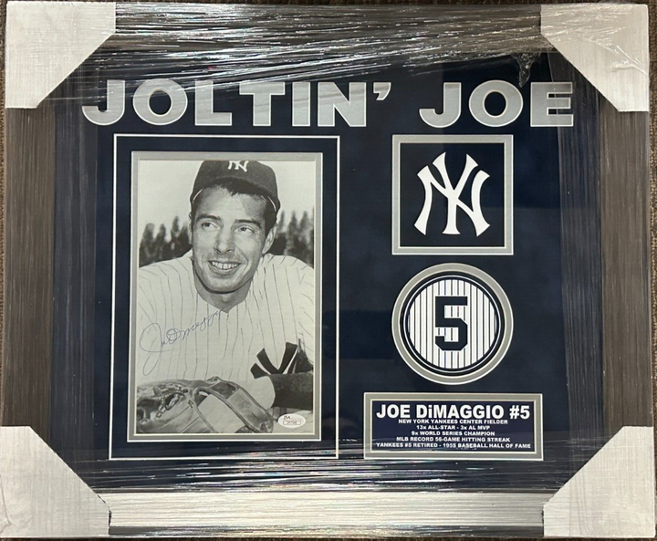 Framed Joe DiMaggio Autographed 7x10 Photo W/ Patch & Nameplate JSA Yankees