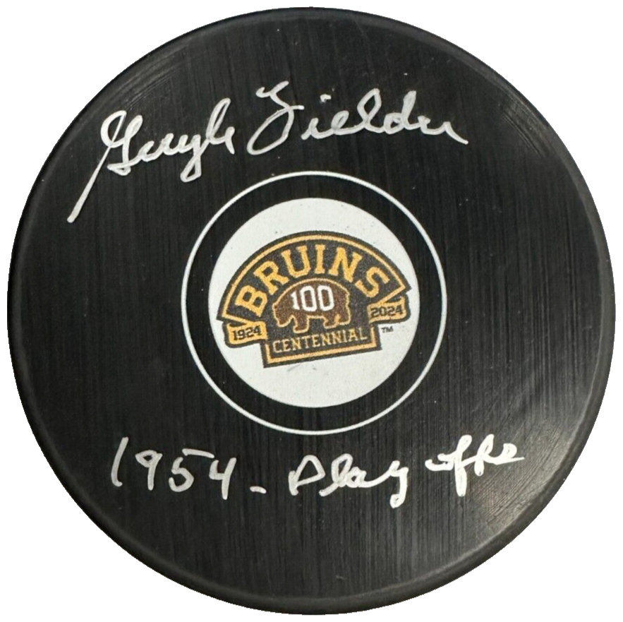 Guyle Fielder Autographed Boston Bruins 100th Anniversary Hockey Puck NHL
