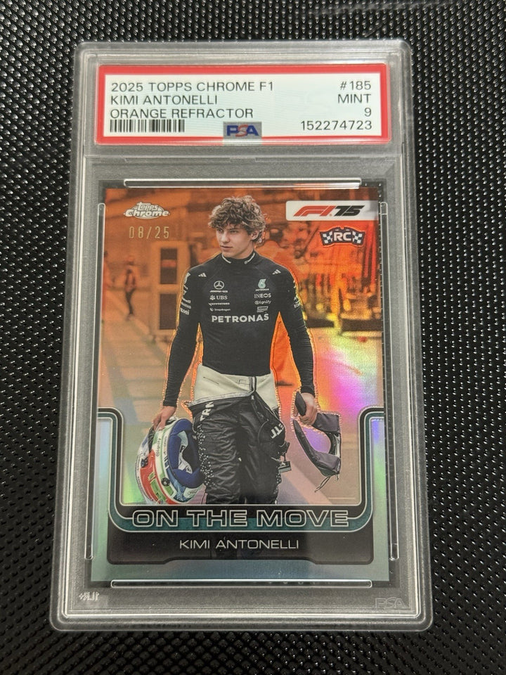 2025 Topps Chrome F1 Kimi Antonelli On The Move Orange Refractor Rookie /25 PSA 